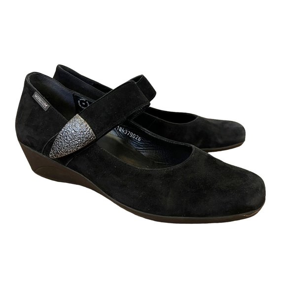 Mephisto Kimona Black Suede Leather Wedge‎ Mary Jane Metal Strap Comfort Shoe - Picture 1 of 11